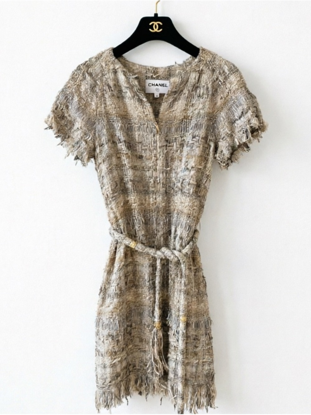 CHANEL Beige Cream Tweed Short Dress with Belt